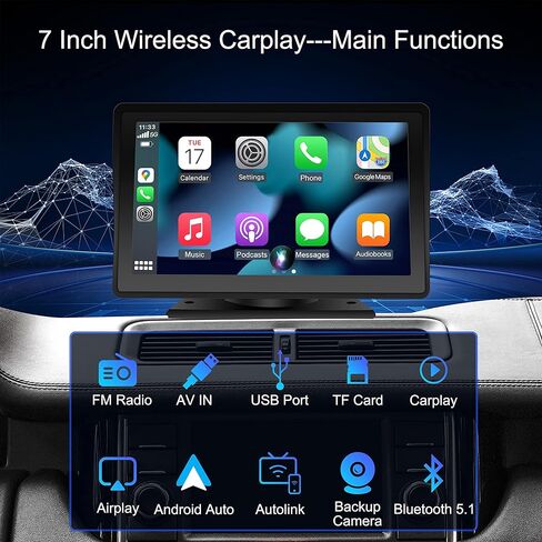 Apple Carplay & Android Auto لاسلكي مع شاشة لمس عالية الدقة 7 بوصة، ستيريو سيارة محمول، وصلة مرآة، بلوتوث، جهاز إرسال FM، التحكم الصوتي، Siri/Mic/مساعد مثبت على لوحة القيادة/كاميرا احتياطية in Kuwait