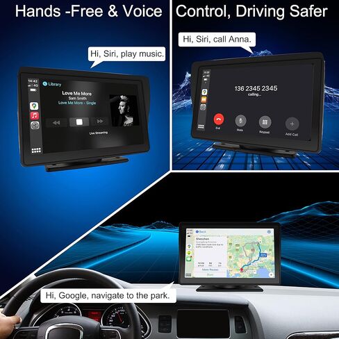 Apple Carplay & Android Auto لاسلكي مع شاشة لمس عالية الدقة 7 بوصة، ستيريو سيارة محمول، وصلة مرآة، بلوتوث، جهاز إرسال FM، التحكم الصوتي، Siri/Mic/مساعد مثبت على لوحة القيادة/كاميرا احتياطية in Kuwait