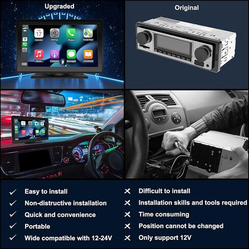 Apple Carplay & Android Auto لاسلكي مع شاشة لمس عالية الدقة 7 بوصة، ستيريو سيارة محمول، وصلة مرآة، بلوتوث، جهاز إرسال FM، التحكم الصوتي، Siri/Mic/مساعد مثبت على لوحة القيادة/كاميرا احتياطية in Kuwait