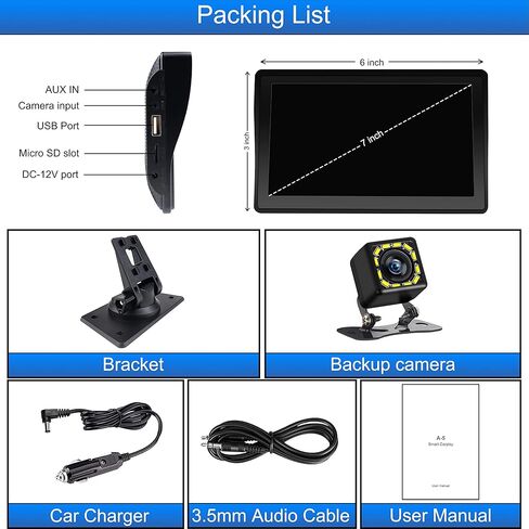 Apple Carplay & Android Auto لاسلكي مع شاشة لمس عالية الدقة 7 بوصة، ستيريو سيارة محمول، وصلة مرآة، بلوتوث، جهاز إرسال FM، التحكم الصوتي، Siri/Mic/مساعد مثبت على لوحة القيادة/كاميرا احتياطية in Kuwait