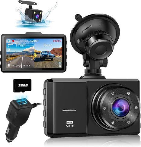 Dash Cam Front and Rear, SPADE Dual Dash Camera 1080P with 32G SD Card, Waterproof Backup Camera, DVR Car Dashboard Camera 1296P with Night Vision WDR G-Sensor Parking Monitor Loop Recording in Saudi Arabia