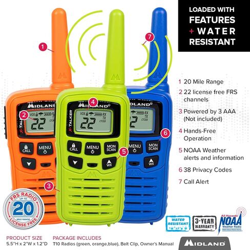 Midland T10 X-Talker FRS Walkie Talkie, Black, 2 Pack | License Free, Up to 20 Mile Radius, 22 Channels, 38 Privacy Codes, Weather Alerts and Water Resistant in Kuwait