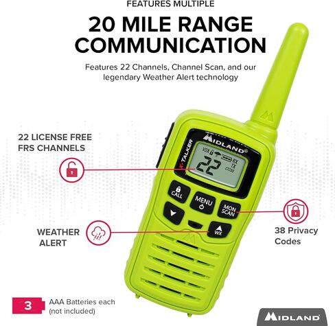 Midland T10 X-Talker FRS Walkie Talkie, Black, 2 Pack | License Free, Up to 20 Mile Radius, 22 Channels, 38 Privacy Codes, Weather Alerts and Water Resistant in Kuwait