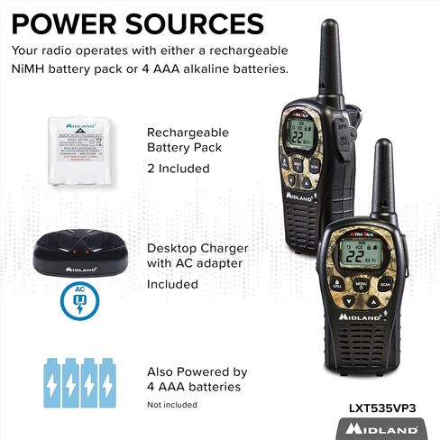 ميدلاند - LXT500VP3، أجهزة اتصال لاسلكية FRS ذات 22 قناة مع مسح للقنوات - أجهزة راديو ذات نطاق ممتد، تشغيل صامت، البطاريات متضمنة (حزمة زوجية) (أسود) in Kuwait