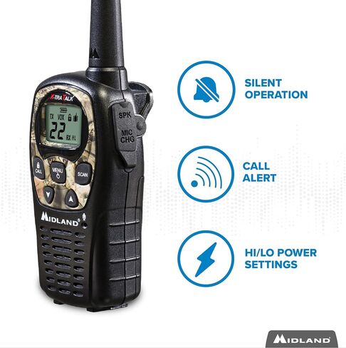 ميدلاند - LXT500VP3، أجهزة اتصال لاسلكية FRS ذات 22 قناة مع مسح للقنوات - أجهزة راديو ذات نطاق ممتد، تشغيل صامت، البطاريات متضمنة (حزمة زوجية) (أسود) in Kuwait