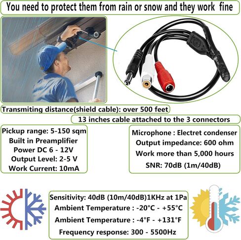 CCTV Microphone with Preamp, RCA Audio Out, 12V DC — Adjustable Gain — for DVR/NVR & IP Cameras (3Pack) in Saudi Arabia