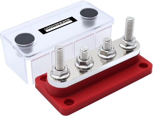 AMOMD 300A PowerBars 4 مسامير (5/16 بوصة) M8 مطلي بالنيكل النحاس الكهربائي المشترك قضبان التوصيل الطرفية للبطارية البحرية كتلة توزيع الأرض السلبية بسبار 12-48 فولت تيار مستمر مع غطاء (أحمر) in Kuwait