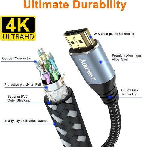 4K HDMI Cable 4 Feet/2 Pack,High Speed 18Gbps Braided HDMI 2.0 Cable Cord,4K@60Hz,2K,1080P,ARC HDR HDCP 3D,Sturdy&Flexible&Untangled&Supreme Texture,Compatible Monitor UHD TV PC PS5 Xbox+5 Ties in Kuwait
