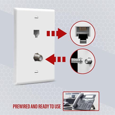 لوحة حائط محورية لشبكة إيثرنت من ENERLITES، لوحة حائط موصل RJ11 وCoax/F-Type لنقل البيانات بسرعة عالية وكابل تلفزيون الأقمار الصناعية، مقبس هاتف 6P4C، 6641-W، أبيض in Kuwait