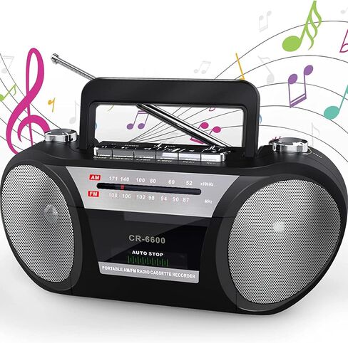 Jazmm Cassette Player AM FM Radio Boombox: شريط محمول ومسجل ريترو مكبر صوت ستيريو مزدوج، مقبس سماعة أذن قياسي، كاسيت Boombox مدعوم من 4 بطاريات خلوية D أو طاقة تيار متردد، أسود in Kuwait