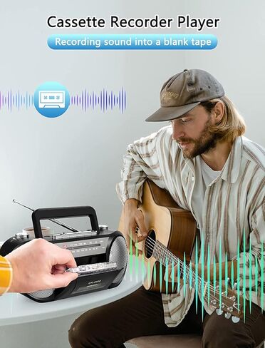 Jazmm Cassette Player AM FM Radio Boombox: شريط محمول ومسجل ريترو مكبر صوت ستيريو مزدوج، مقبس سماعة أذن قياسي، كاسيت Boombox مدعوم من 4 بطاريات خلوية D أو طاقة تيار متردد، أسود in Kuwait