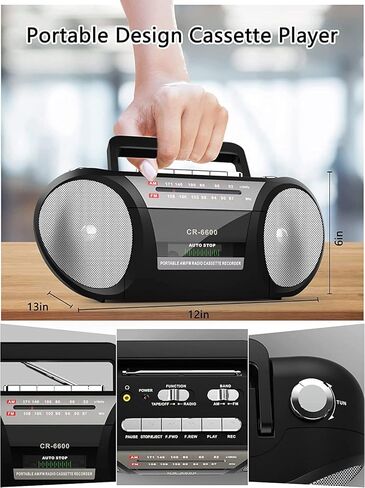 Jazmm Cassette Player AM FM Radio Boombox: شريط محمول ومسجل ريترو مكبر صوت ستيريو مزدوج، مقبس سماعة أذن قياسي، كاسيت Boombox مدعوم من 4 بطاريات خلوية D أو طاقة تيار متردد، أسود in Kuwait