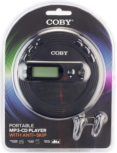 مشغل أقراص مضغوطة محمول من Coby مع حماية من التخطي - مشغل أقراص موسيقى خفيف الوزن ومقاوم للصدمات مع راديو FM وسماعات أذن عالية الجودة | مثالي للمنزل والسيارة والسفر، أسود in Kuwait