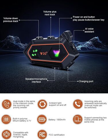 سماعات رأس بلوتوث لخوذة الدراجات النارية من ROCHIE - 800 متر 2 راكبين سماعة رأس بلوتوث للاتصال الداخلي - بطارية IPX6/1000 مللي أمبير/300 ساعة وقت الاستعداد لركوب الدراجات النارية/ركوب الدراجات/الثلج/الرياضة in Saudi Arabia