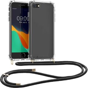 حافظة كروس kwmobile متوافقة مع هاتف Apple iPhone SE (2022) / iPhone SE (2020) / iPhone 8 / iPhone 7 - غطاء هاتف شفاف من مادة TPU مع حزام حبل - أسود/شفاف in Kuwait