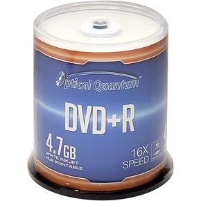 Optical Quantum DVD+R 4.7GB 16X White Inkjet Printable - 100pk Cake Box (FFP) OQDPR16WIPH-BX, 100 Discs