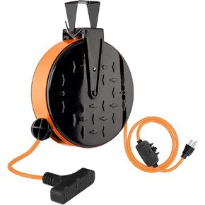 EP 30 Ft Retractable Extension Cord Reel, 16/3 SJTW Power Cord with 3 Electrical Outlets, Ceiling or Wall Mount, 10 Amp Circuit Breaker, Metal Plate, UL Listed, Gray