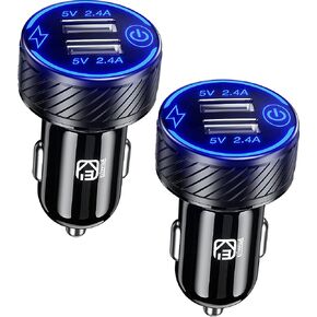 【2 حزمة】 شاحن سيارة USB، محول شاحن سيارة بمنفذ USB مزدوج، شاحن هاتف سيارة شحن 5 فولت/4.8 أمبير مع مصباح LED أزرق ومفتاح لمس مناسب لهاتف iPhone 13/12 Pro/Max/8، Galaxy S21/20/10/9 (أسود) ) in Kuwait