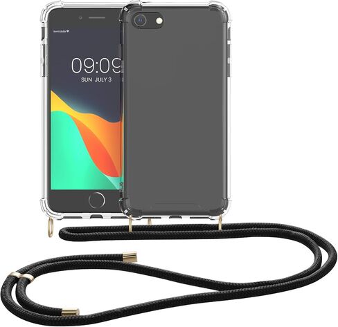 حافظة كروس kwmobile متوافقة مع هاتف Apple iPhone SE (2022) / iPhone SE (2020) / iPhone 8 / iPhone 7 - غطاء هاتف شفاف من مادة TPU مع حزام حبل - أسود/شفاف in Kuwait
