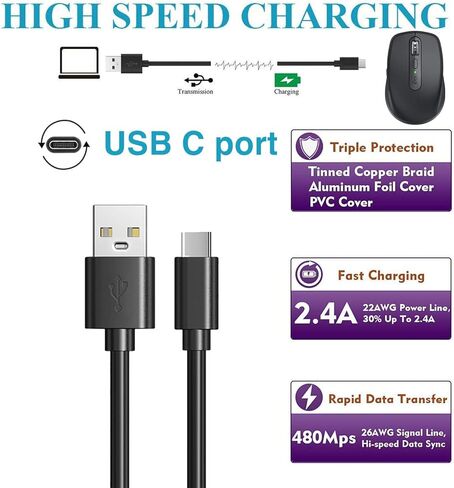 كابل شحن USB C بطول 6 أقدام متوافق مع Echo Buds 2، TOZO T12/T12 Pro/NC9، Raycon E25 Pro/E55، EarFun Air Pro سماعات أذن لاسلكية سلك محول الطاقة (منفذ USB-C) والمزيد in Kuwait