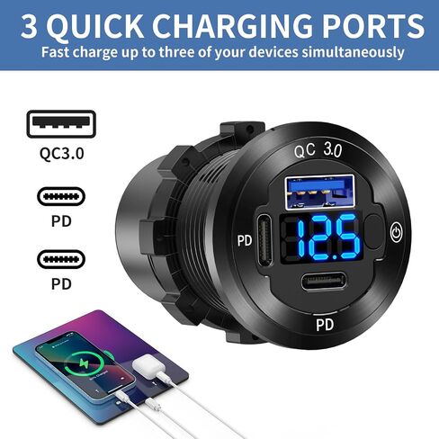 مقبس سيارة USB 12 فولت، مخرج USB C 12 فولت، 3 منافذ بحرية USB شاحن سريع مقاوم للماء ومنفذ USB بديل من الألومنيوم مع مفتاح وفولتميتر، مناسب لشاحنة القوارب وعربة الجولف RV للدراجات النارية in Kuwait