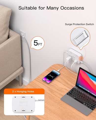 Surge Protector Power Strip with 2 USB C - 5 Ft Flat Extension Cord Flat Plug Power Strip, 4 Widely Outlets and 4 USB Charging Ports, Outlet Extender, 900 Joules, for Home Office Dorm Room Essentials in Saudi Arabia