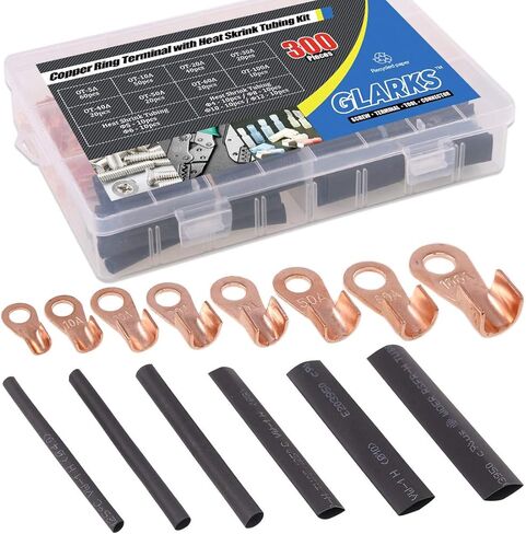 Glarks 300Pcs Open Barrel Wire Crimp Copper Ring Lugs Wire Crimp Terminal Connectors OT 5A 10A 20A 30A 40A 50A 60A 100A with Heat Shrink Tubing Assortment Kit for Auto Car Battery Cable Connector in Saudi Arabia