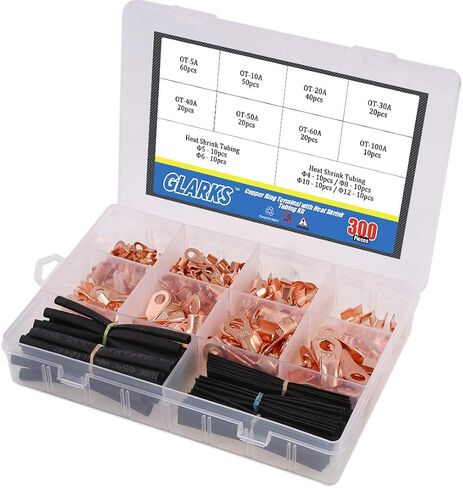 Glarks 300Pcs Open Barrel Wire Crimp Copper Ring Lugs Wire Crimp Terminal Connectors OT 5A 10A 20A 30A 40A 50A 60A 100A with Heat Shrink Tubing Assortment Kit for Auto Car Battery Cable Connector in Saudi Arabia