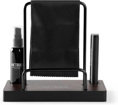 Victrola 'The Kit' - مجموعة تنظيف أسطوانات الفينيل، يمكن استخدامها كحامل تسجيل، وتتضمن فرشاة مضادة للكهرباء الساكنة، ومحلول تنظيف، وقماش، وحامل بلمسة نهائية من خشب الإسبريسو مع لمسات معدنية سوداء ذكية in Kuwait