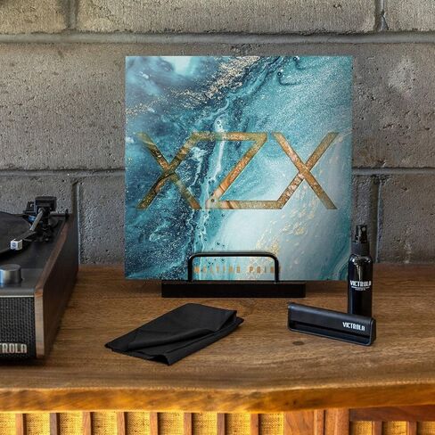 Victrola 'The Kit' - مجموعة تنظيف أسطوانات الفينيل، يمكن استخدامها كحامل تسجيل، وتتضمن فرشاة مضادة للكهرباء الساكنة، ومحلول تنظيف، وقماش، وحامل بلمسة نهائية من خشب الإسبريسو مع لمسات معدنية سوداء ذكية in Kuwait
