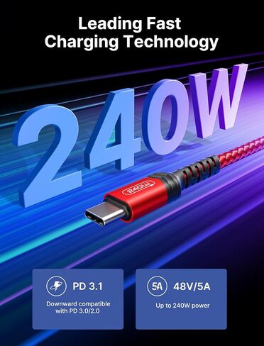 JSAUX 240W USB C to USB C Cable 10FT, Type C Fast Charging Cord, Blue in Saudi Arabia