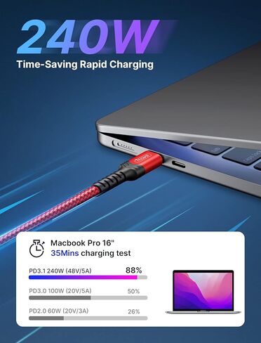 JSAUX 240W USB C to USB C Cable 10FT, Type C Fast Charging Cord, Blue in Saudi Arabia