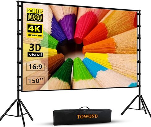 TOWOND Projector Screen and Stand, 150 inch Indoor Outdoor Projection Screen, Portable 16:9 4K HD Rear Front Movie Screen with Carry Bag Wrinkle-Free Design for Home Theater Backyard Cinema in Kuwait
