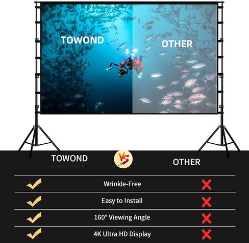TOWOND Projector Screen and Stand, 150 inch Indoor Outdoor Projection Screen, Portable 16:9 4K HD Rear Front Movie Screen with Carry Bag Wrinkle-Free Design for Home Theater Backyard Cinema in Kuwait