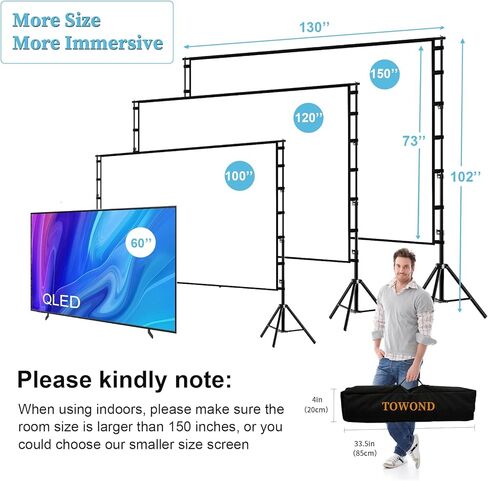 TOWOND Projector Screen and Stand, 150 inch Indoor Outdoor Projection Screen, Portable 16:9 4K HD Rear Front Movie Screen with Carry Bag Wrinkle-Free Design for Home Theater Backyard Cinema in Kuwait