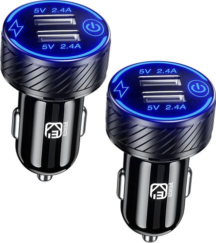 【2 حزمة】 شاحن سيارة USB، محول شاحن سيارة بمنفذ USB مزدوج، شاحن هاتف سيارة شحن 5 فولت/4.8 أمبير مع مصباح LED أزرق ومفتاح لمس مناسب لهاتف iPhone 13/12 Pro/Max/8، Galaxy S21/20/10/9 (أسود) ) in Kuwait