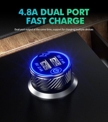 【2 حزمة】 شاحن سيارة USB، محول شاحن سيارة بمنفذ USB مزدوج، شاحن هاتف سيارة شحن 5 فولت/4.8 أمبير مع مصباح LED أزرق ومفتاح لمس مناسب لهاتف iPhone 13/12 Pro/Max/8، Galaxy S21/20/10/9 (أسود) ) in Kuwait