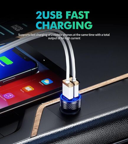 【2 حزمة】 شاحن سيارة USB، محول شاحن سيارة بمنفذ USB مزدوج، شاحن هاتف سيارة شحن 5 فولت/4.8 أمبير مع مصباح LED أزرق ومفتاح لمس مناسب لهاتف iPhone 13/12 Pro/Max/8، Galaxy S21/20/10/9 (أسود) ) in Kuwait