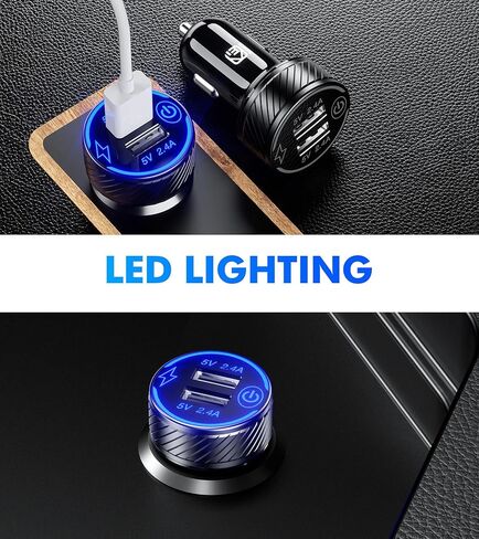 【2 حزمة】 شاحن سيارة USB، محول شاحن سيارة بمنفذ USB مزدوج، شاحن هاتف سيارة شحن 5 فولت/4.8 أمبير مع مصباح LED أزرق ومفتاح لمس مناسب لهاتف iPhone 13/12 Pro/Max/8، Galaxy S21/20/10/9 (أسود) ) in Kuwait