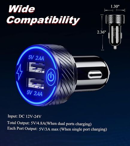 【2 حزمة】 شاحن سيارة USB، محول شاحن سيارة بمنفذ USB مزدوج، شاحن هاتف سيارة شحن 5 فولت/4.8 أمبير مع مصباح LED أزرق ومفتاح لمس مناسب لهاتف iPhone 13/12 Pro/Max/8، Galaxy S21/20/10/9 (أسود) ) in Kuwait