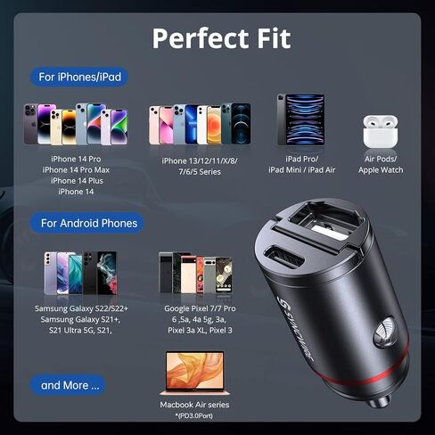 شاحن سيارة USB C Syncwire [PD 45W & QC 45W] محول شاحن سيارة USB شحن سريع [Super Mini & All Metal] متوافق مع iPhone 14 Pro Max Plus 13 12 Samsung S23/S22/21 Note 22/21، Pixel، iPad in Kuwait