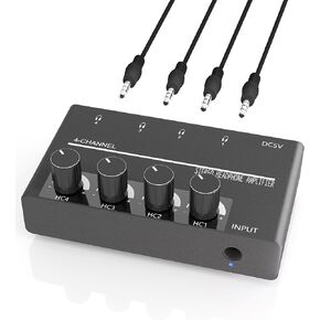 BEBSR 4 Channel Headphone Amplifier - Ultra-Compact Portable Stereo Audio Amp. Splitter with 4 3.5MM Headphones Output Jacks and 3.5MM Audio Input. Perfect for Sharing Music in Small Groups and DJing in Kuwait