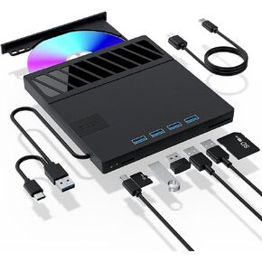 محرك أقراص CD/DVD خارجي من APPINESSEY لأجهزة الكمبيوتر المحمول، مشغل أقراص CD/DVD محمول 7 في 1 USB فائق النحافة، ذاكرة SD TF CD ROM متوافق مع مشغل DVD خارجي لأجهزة الكمبيوتر المحمول MacBook، Windows 11/10/8/7 Linux (أسود) in Kuwait