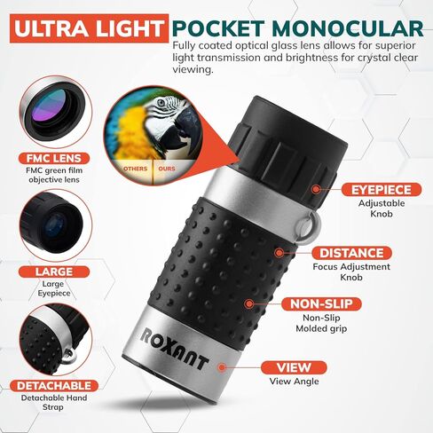 روكسانت تلسكوب أحادي العدسة - تلسكوب جيب خفيف للغاية عالي الدقة - يتضمن منظار أحادي مدمج وحزام للرقبة وقطعة قماش للتنظيف، منظار أحادي العدسة للبالغين، تلسكوب محمول باليد عالي الطاقة in Kuwait