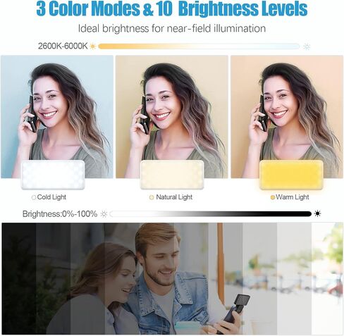 ضوء فيديو LED، ضوء كاميرا 3 ألوان قابل للتعتيم مع بطارية 3000 مللي أمبير في الساعة، ضوء محمول قابل لإعادة الشحن، سطوع قابل للتعديل لليوتيوب، البث المباشر، الماكياج، مدونة الفيديو، تيكتوك، مؤتمر الفيديو in Kuwait
