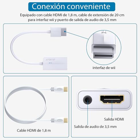 AUTOUTLET Wii to HDMI Converter 1080P with 6ft High Speed HDMI Cable Wii2 HDMI Adapter with Blue Indicator, Output Video&Audio with 3.5mm Jack Audio Compatible with Full HD Devices in Kuwait