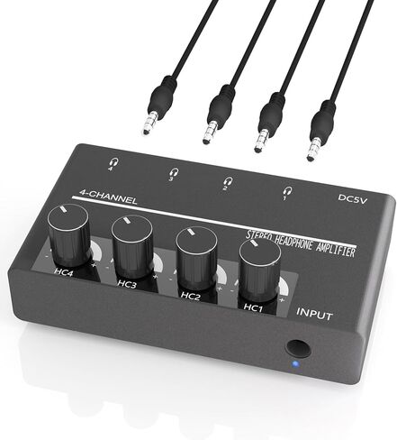 BEBSR 4 Channel Headphone Amplifier - Ultra-Compact Portable Stereo Audio Amp. Splitter with 4 3.5MM Headphones Output Jacks and 3.5MM Audio Input. Perfect for Sharing Music in Small Groups and DJing in Kuwait