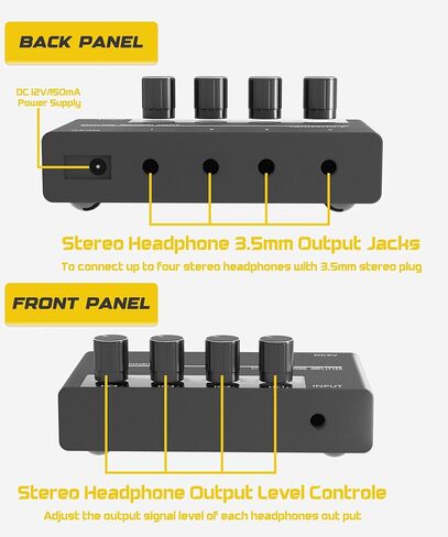 BEBSR 4 Channel Headphone Amplifier - Ultra-Compact Portable Stereo Audio Amp. Splitter with 4 3.5MM Headphones Output Jacks and 3.5MM Audio Input. Perfect for Sharing Music in Small Groups and DJing in Kuwait
