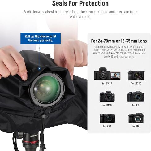 NEEWER Camera Rain Cover, Mini Size Durable Nylon Raincoat Compatible with Canon Sony Nikon Fujifilm DSLR Mirrorless Vlog Camera & 24-70mm/16-35mm Lens, with Sleeves, Drawstrings, Viewing Window,PB008 in Saudi Arabia