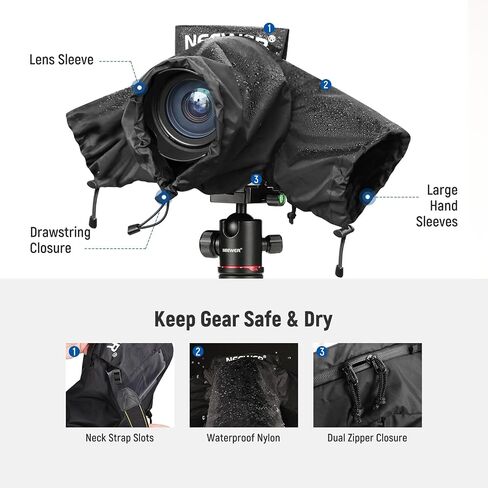NEEWER Camera Rain Cover, Mini Size Durable Nylon Raincoat Compatible with Canon Sony Nikon Fujifilm DSLR Mirrorless Vlog Camera & 24-70mm/16-35mm Lens, with Sleeves, Drawstrings, Viewing Window,PB008 in Saudi Arabia
